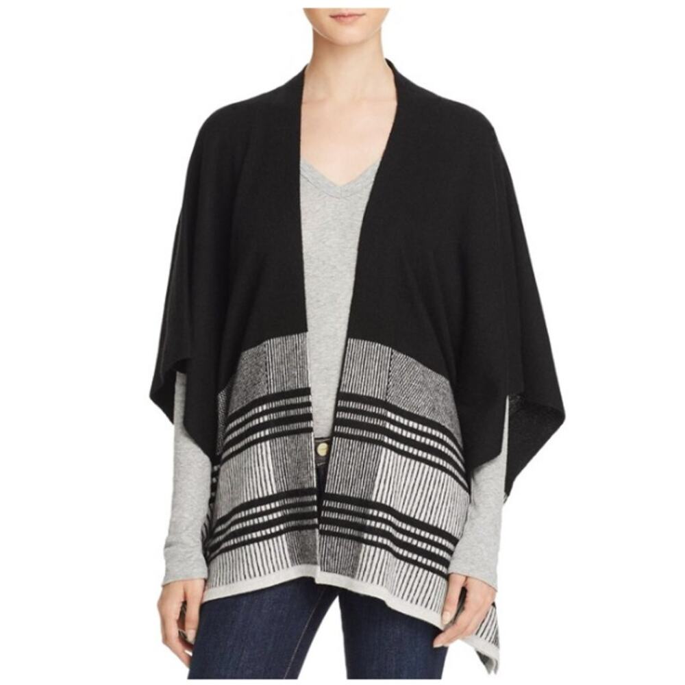 C by Bloomingdale's Wool Cashmere Black Colorblock Plaid Poncho